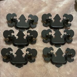 Set of 6 Antique Decorative Drawer Pulls, Solid Dark Aged Brass 2-1/2" Centers